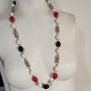 Red, White, and Blue Necklace with Gold Accents | Hong Kong | 30"